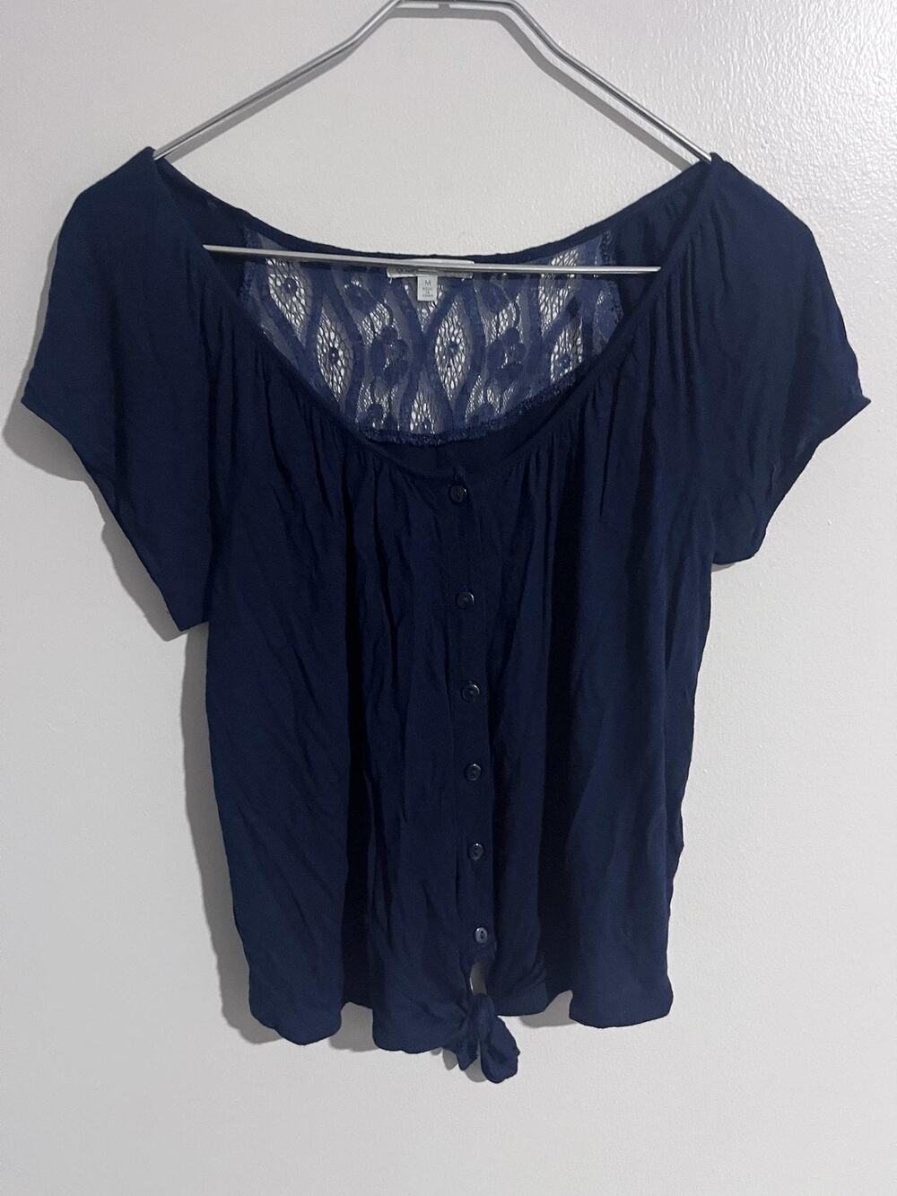 Charlotte Russe Button-Up Womens M Blue Cropped Scoop Neck Lace Tie Front